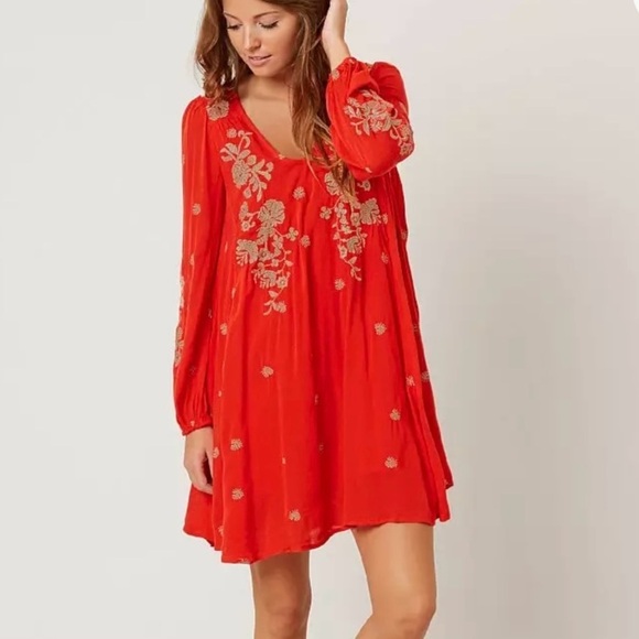 Free People Dresses & Skirts - Free People Sweet Tennessee Red Floral Embroidered Mini Tunic Dress S Boho Beach